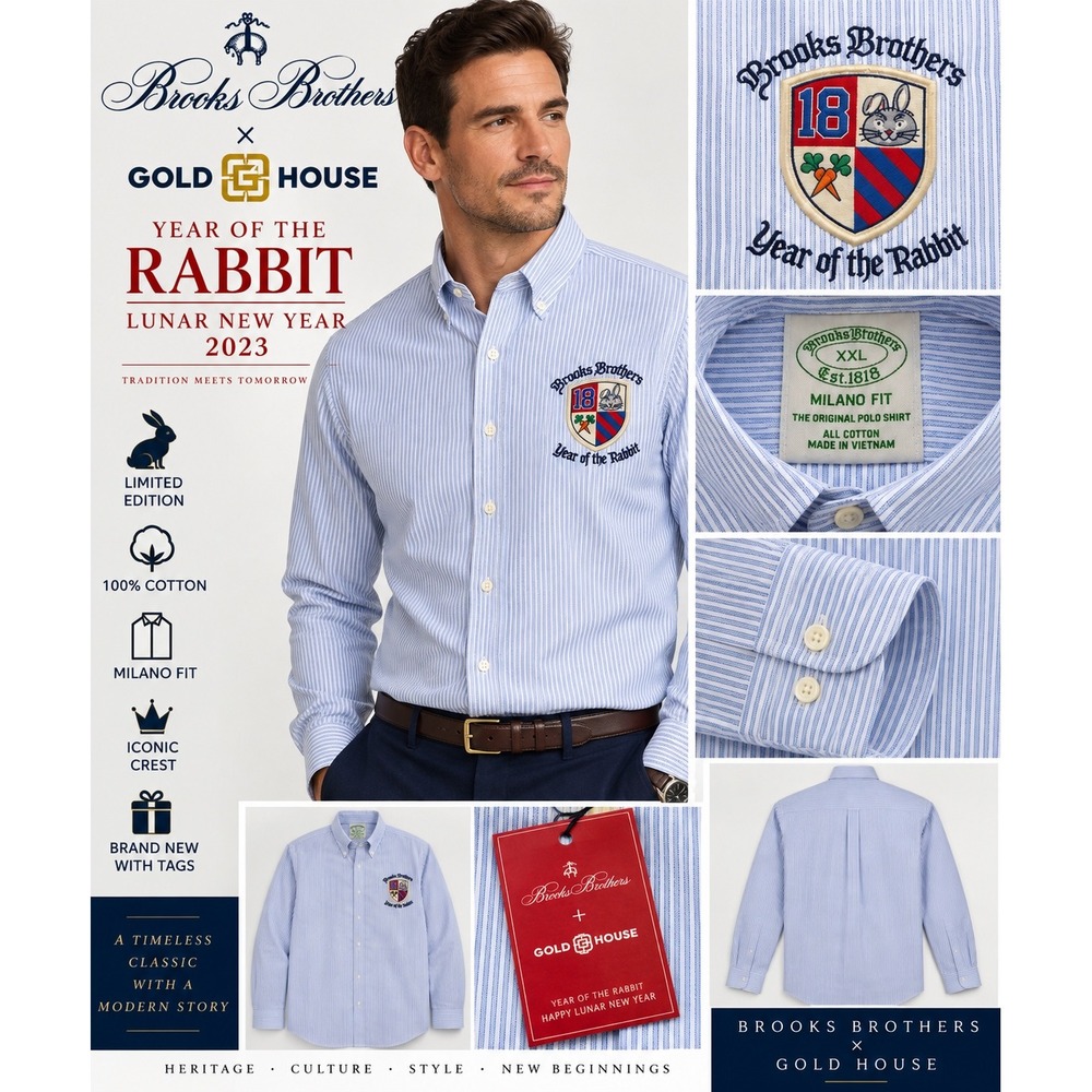 Brooks Brothers Year of the Rabbit Shirt Mens XXL Blue Milano Fit Gold House NWT